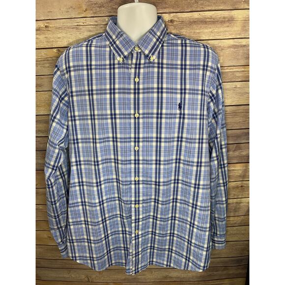 Polo Ralph Lauren Blue Plaid Nylon Blend Shirt Size XL Long Sleeve Performance - Picture 1 of 8